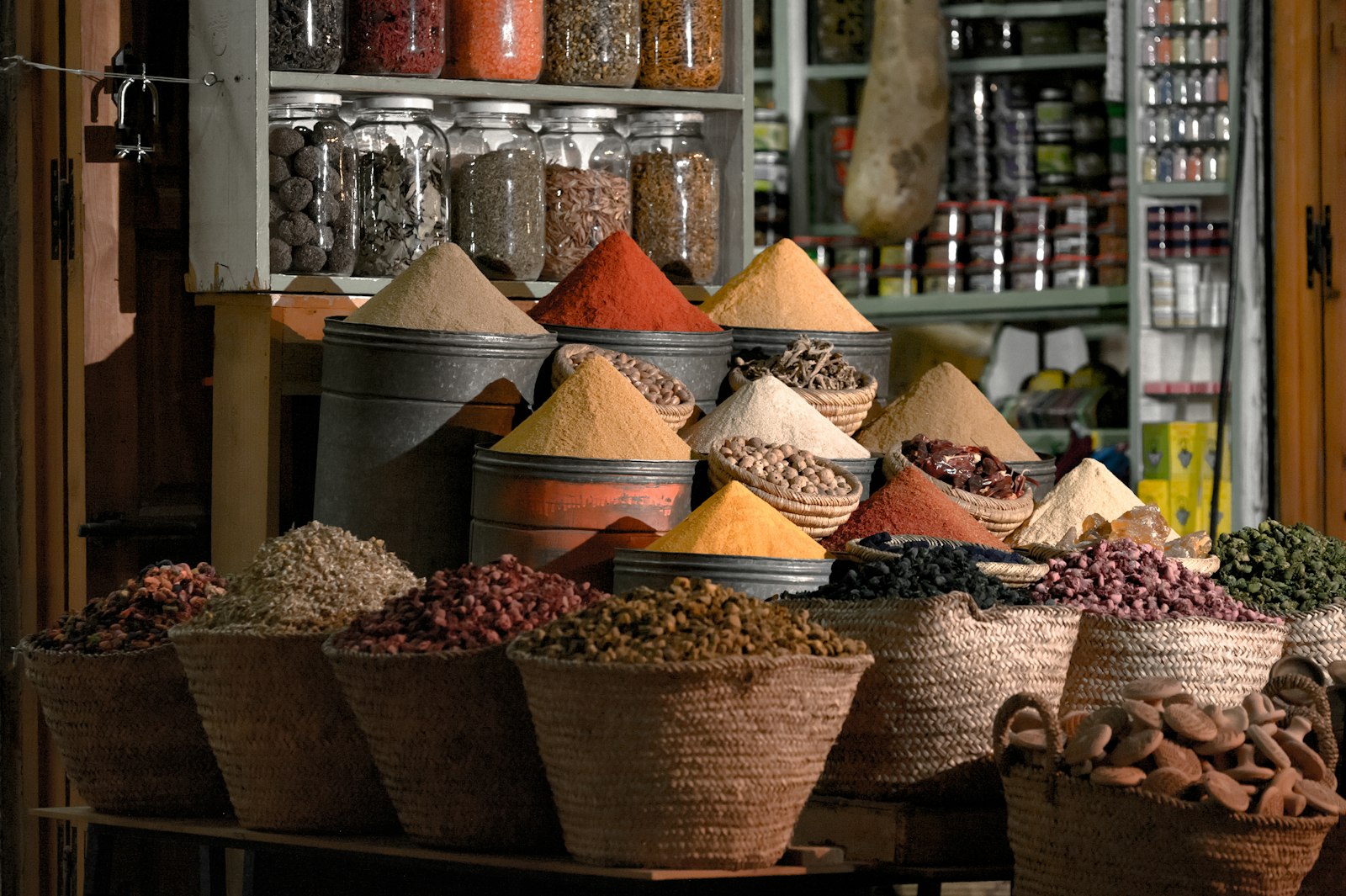 Baskets of aromatic spices at a traditional market