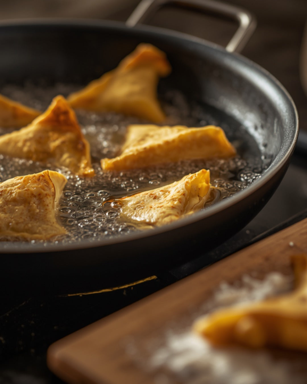 Golden sambusas frying in a pan