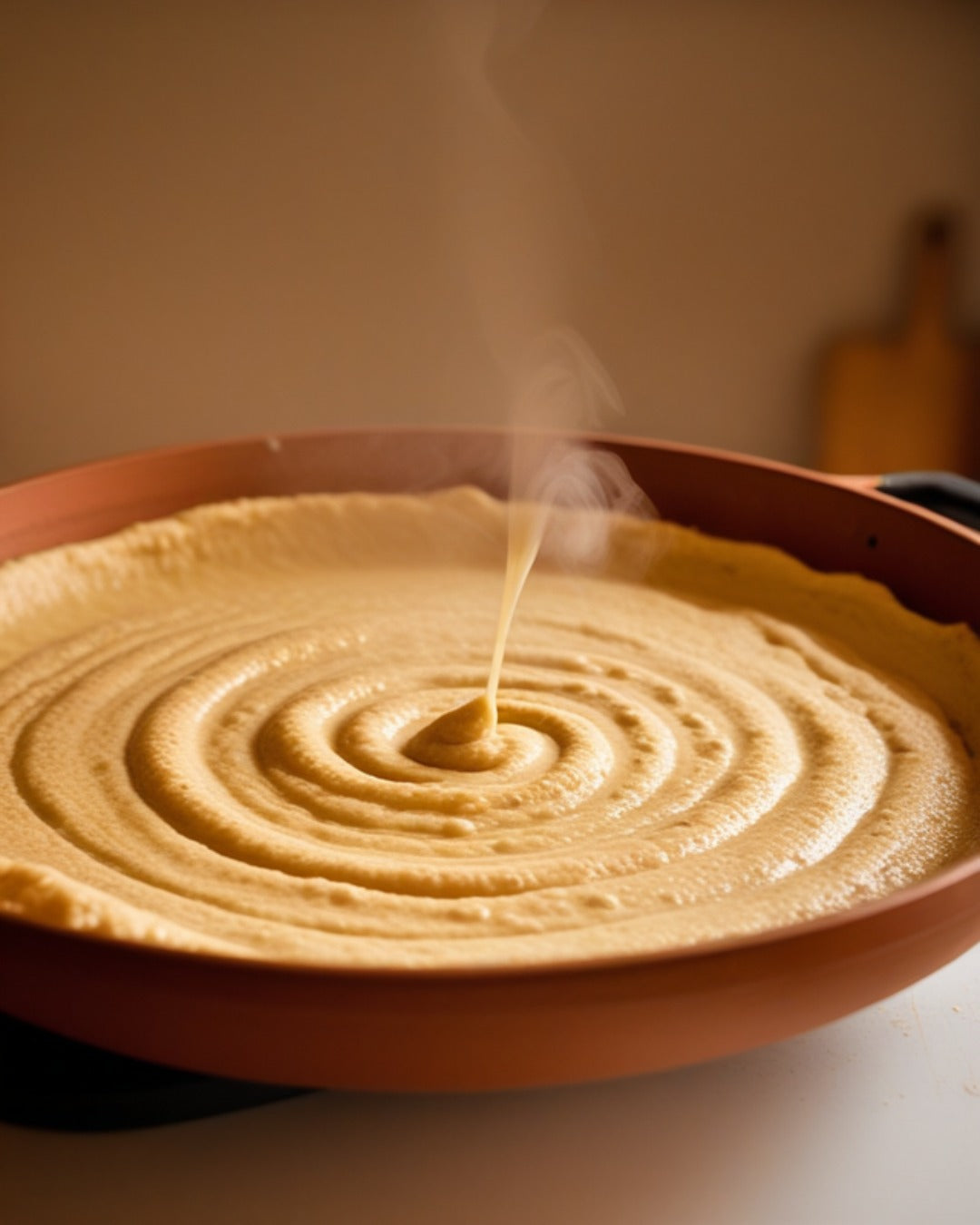 Injera batter poured in a spiral on the pan